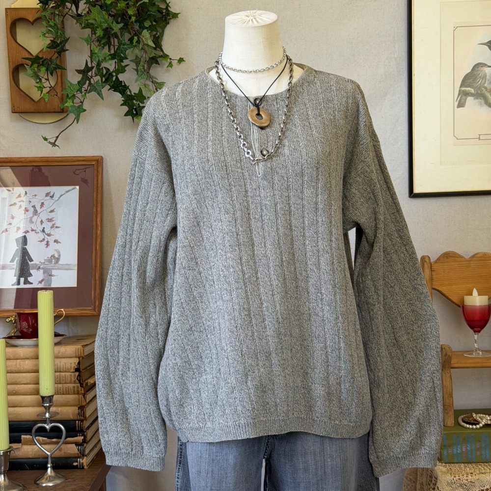 Gray Green Chunky Ribbed Henley Sweater Oversized Baggy Grunge Vintage Large 90s